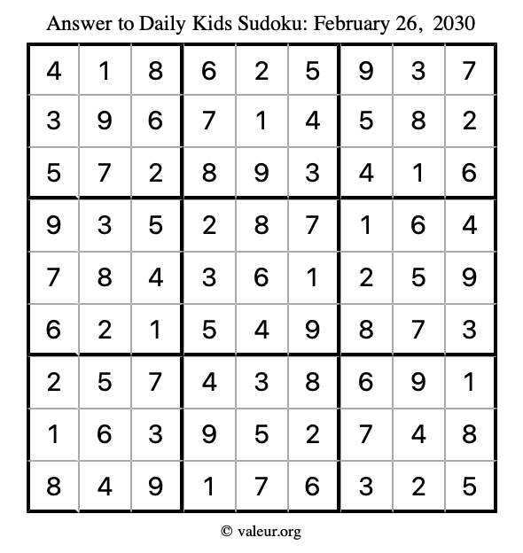 Answer to kids sudoku February 26, 2030