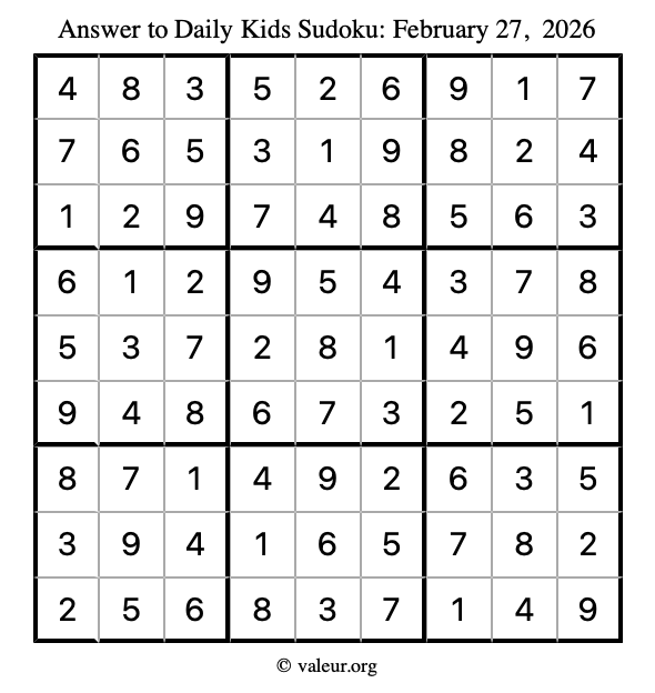 Answer to kids sudoku February 27, 2026