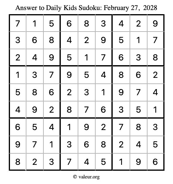 Answer to kids sudoku February 27, 2028