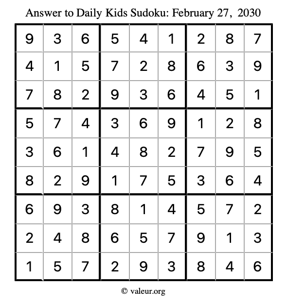 Answer to kids sudoku February 27, 2030