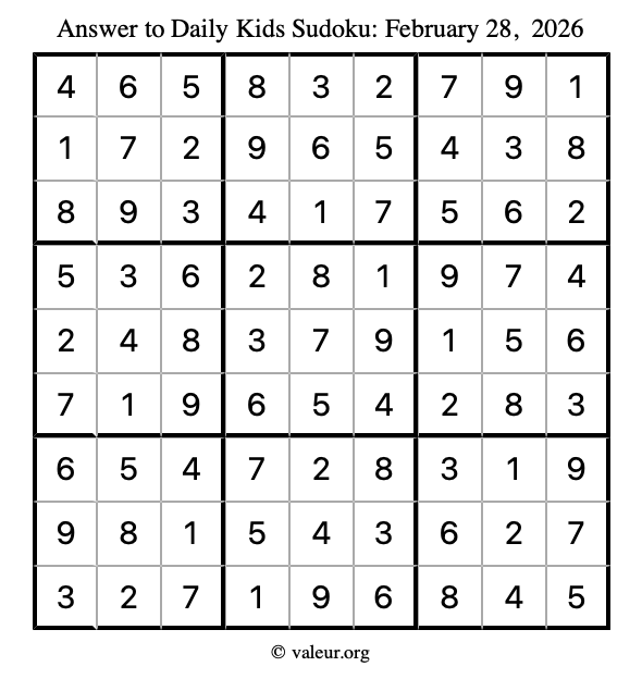 Answer to kids sudoku February 28, 2026