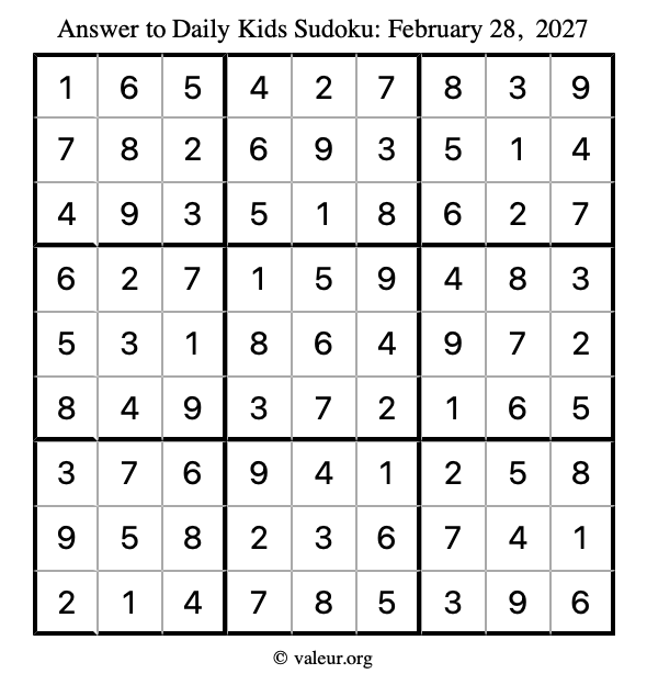 Answer to kids sudoku February 28, 2027
