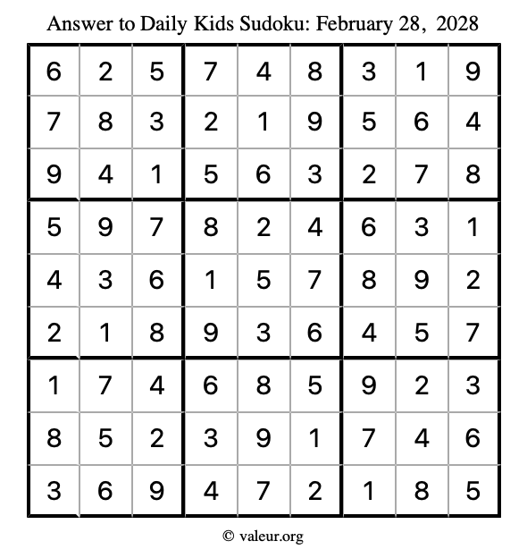 Answer to kids sudoku February 28, 2028