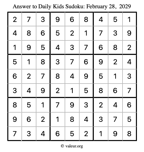 Answer to kids sudoku February 28, 2029