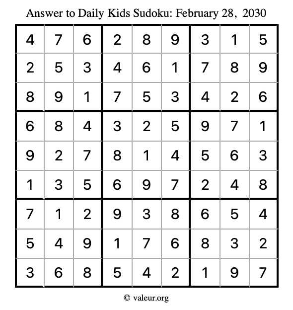 Answer to kids sudoku February 28, 2030