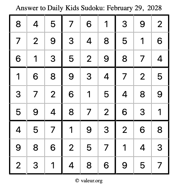 Answer to kids sudoku February 29, 2028