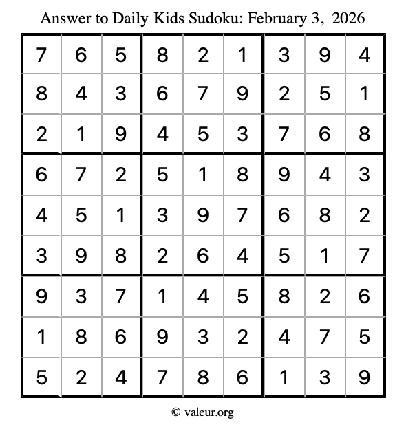 Answer to kids sudoku February 3, 2026