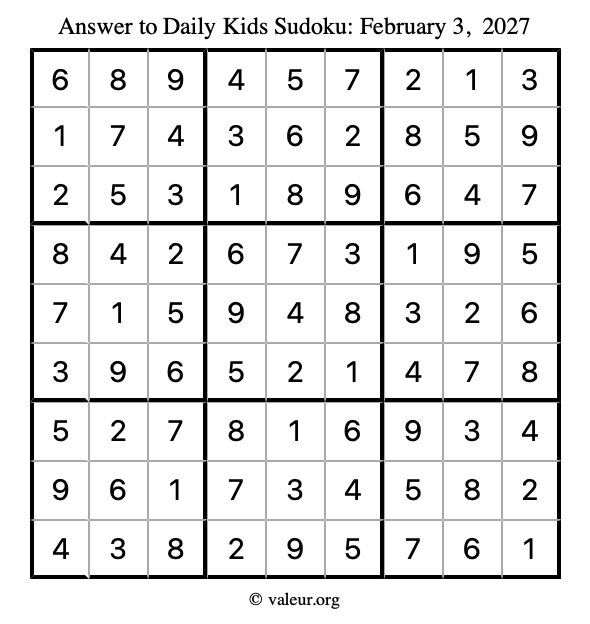 Answer to kids sudoku February 3, 2027