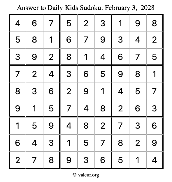 Answer to kids sudoku February 3, 2028