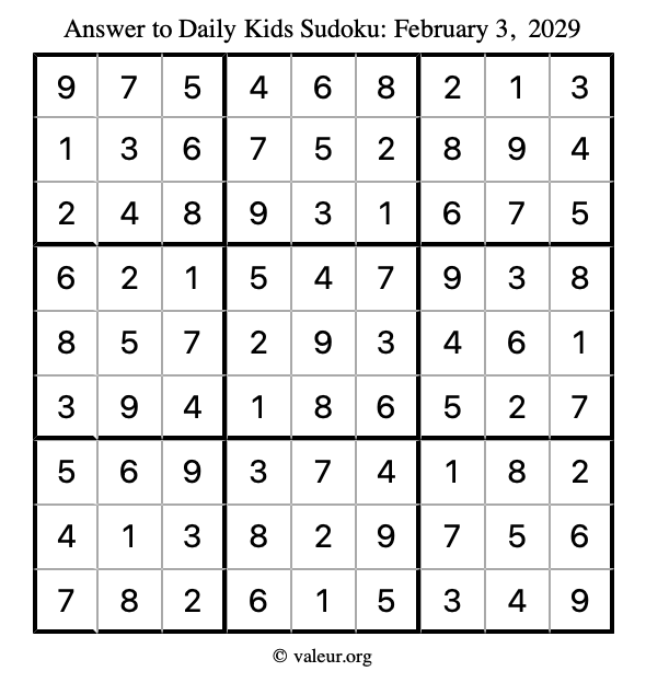Answer to kids sudoku February 3, 2029
