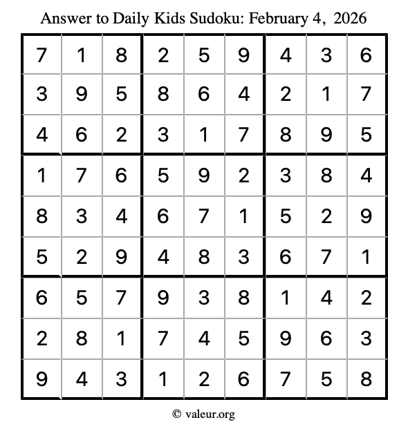 Answer to kids sudoku February 4, 2026