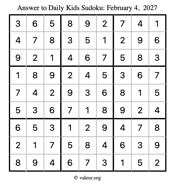 Answer to kids sudoku February 4, 2027