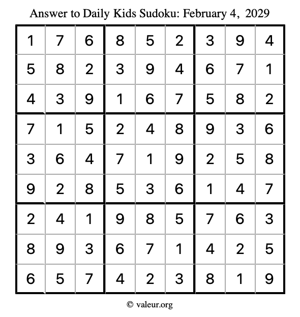 Answer to kids sudoku February 4, 2029