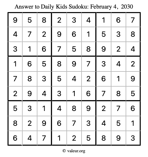 Answer to kids sudoku February 4, 2030