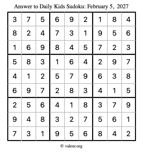Answer to kids sudoku February 5, 2027