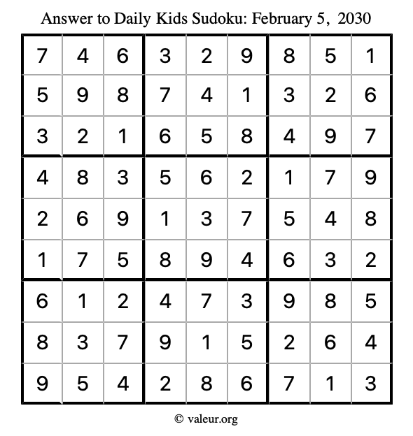 Answer to kids sudoku February 5, 2030