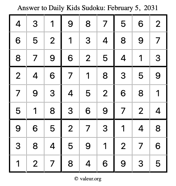 Answer to kids sudoku February 5, 2031