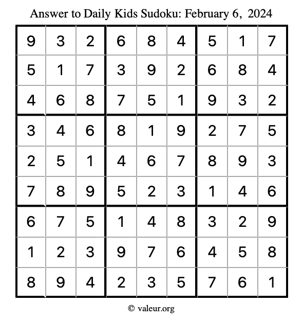 Answer to kids sudoku February 6, 2024