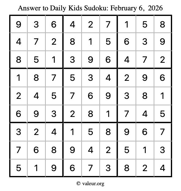 Answer to kids sudoku February 6, 2026
