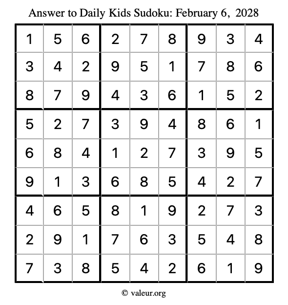 Answer to kids sudoku February 6, 2028