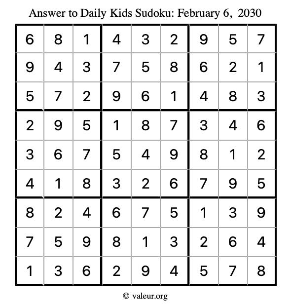 Answer to kids sudoku February 6, 2030