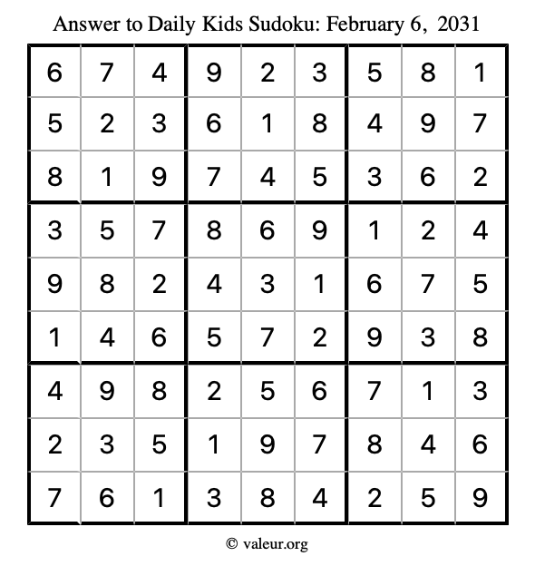 Answer to kids sudoku February 6, 2031