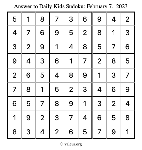 Answer to kids sudoku February 7, 2023