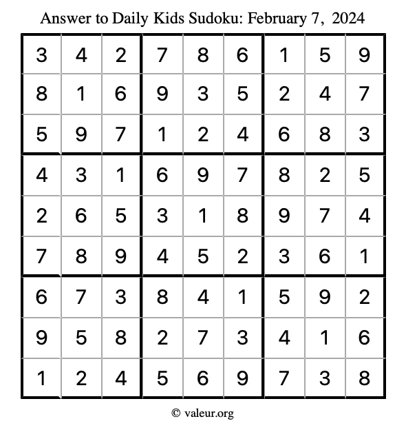 Answer to kids sudoku February 7, 2024