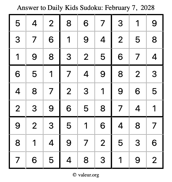 Answer to kids sudoku February 7, 2028