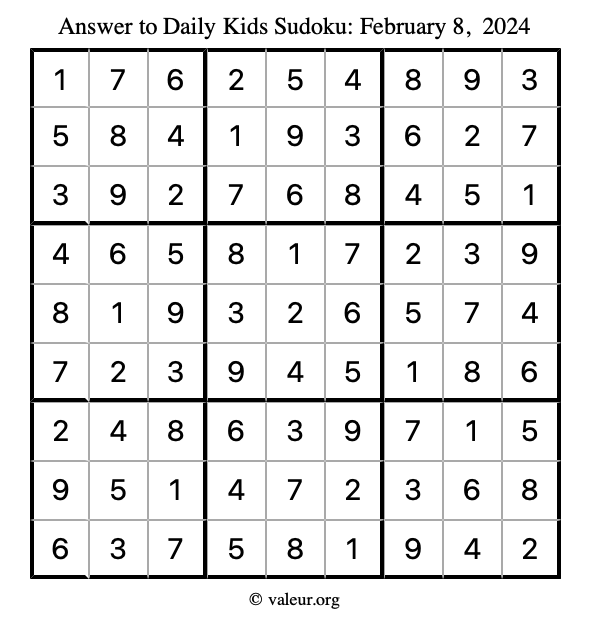 Answer to kids sudoku February 8, 2024