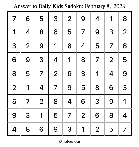 Answer to kids sudoku February 8, 2028