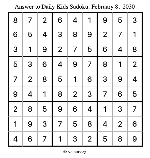 Answer to kids sudoku February 8, 2030