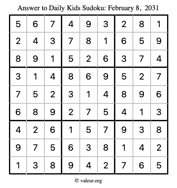 Answer to kids sudoku February 8, 2031