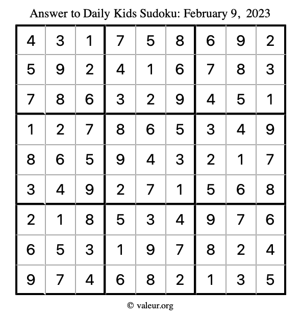 Answer to kids sudoku February 9, 2023
