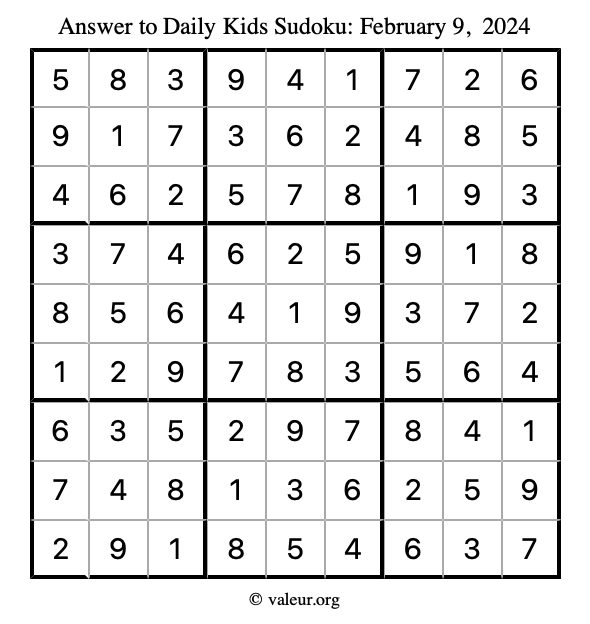 Answer to kids sudoku February 9, 2024