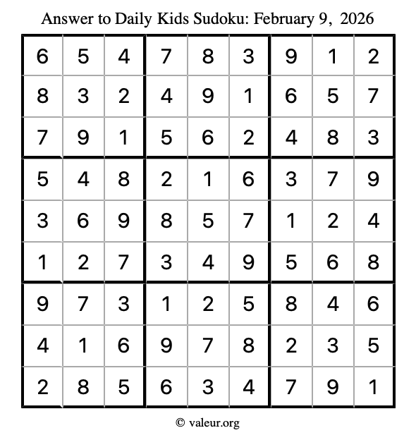 Answer to kids sudoku February 9, 2026