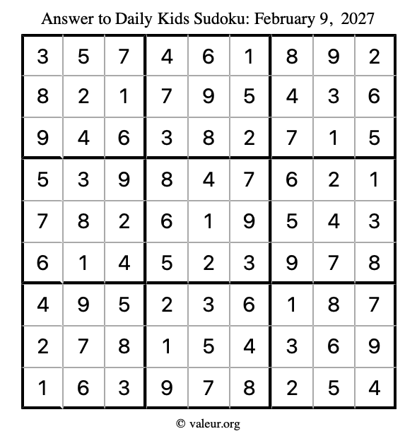 Answer to kids sudoku February 9, 2027