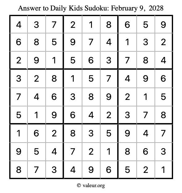 Answer to kids sudoku February 9, 2028