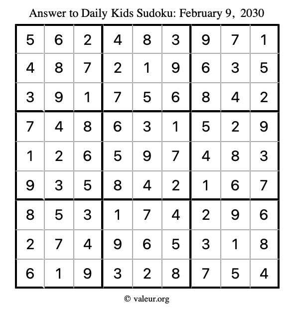 Answer to kids sudoku February 9, 2030