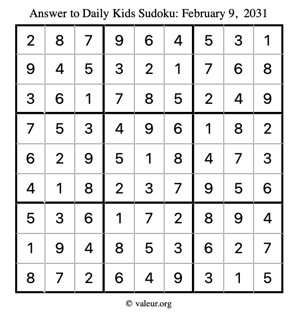 Answer to kids sudoku February 9, 2031