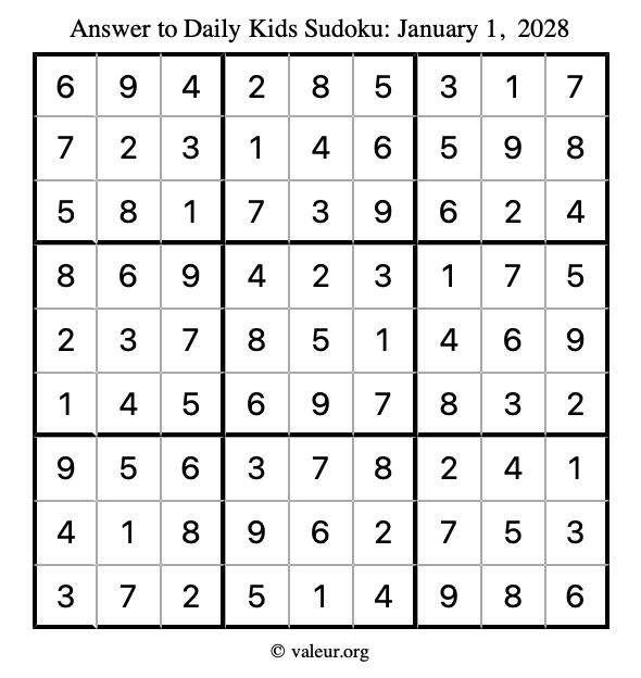 Answer to kids sudoku January 1, 2028