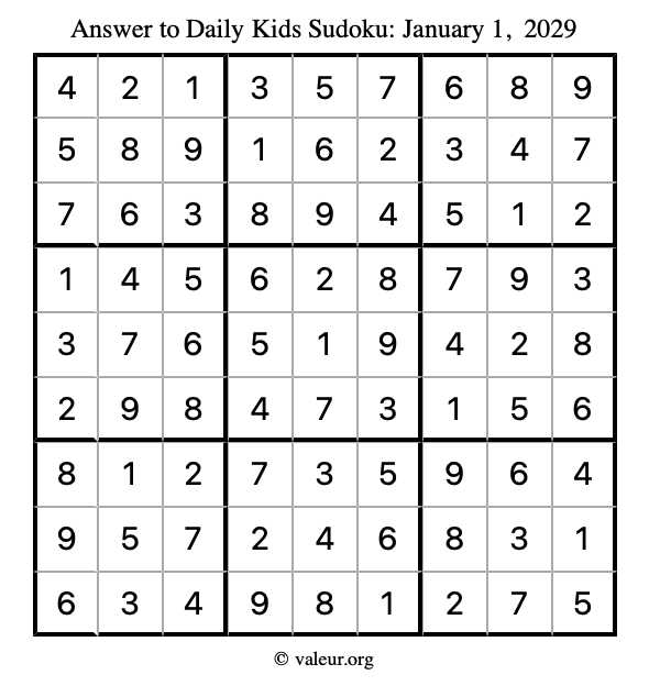 Answer to kids sudoku January 1, 2029