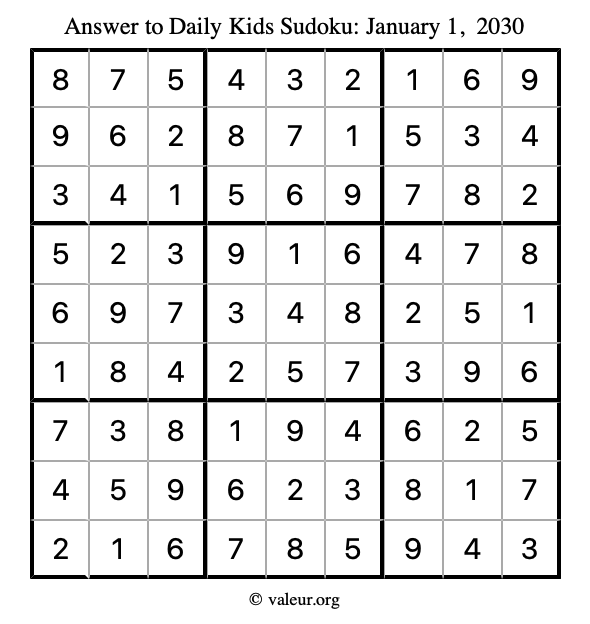 Answer to kids sudoku January 1, 2030
