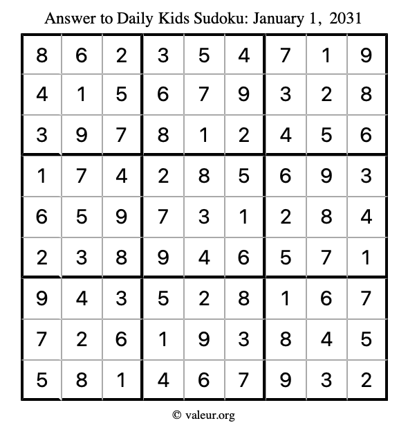 Answer to kids sudoku January 1, 2031