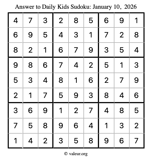 Answer to kids sudoku January 10, 2026
