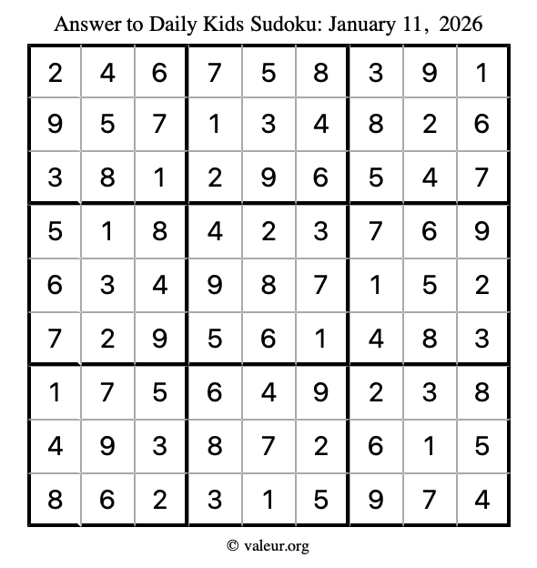 Answer to kids sudoku January 11, 2026