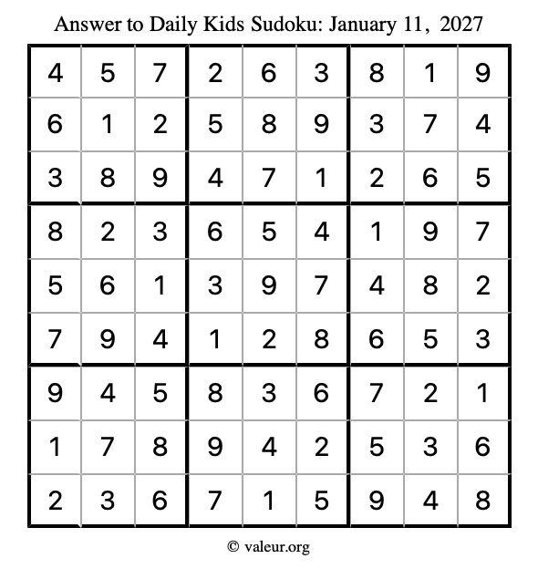 Answer to kids sudoku January 11, 2027