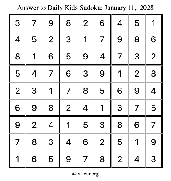 Answer to kids sudoku January 11, 2028