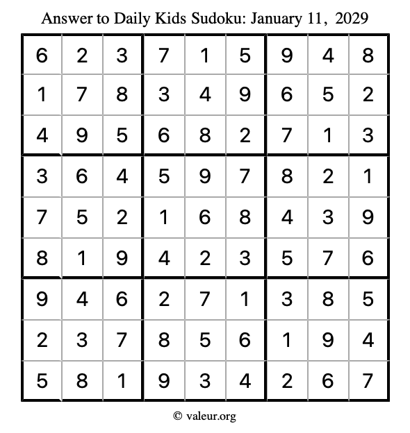 Answer to kids sudoku January 11, 2029