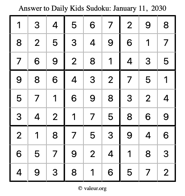 Answer to kids sudoku January 11, 2030